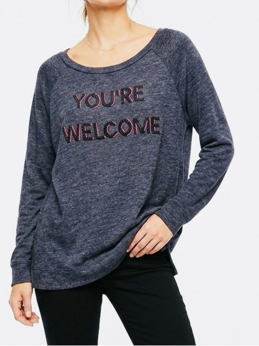 ANN TAYLOR LOFT Beaded “You’re Welcome” Sweatshirt Grey + Neon Pink Sweater Top